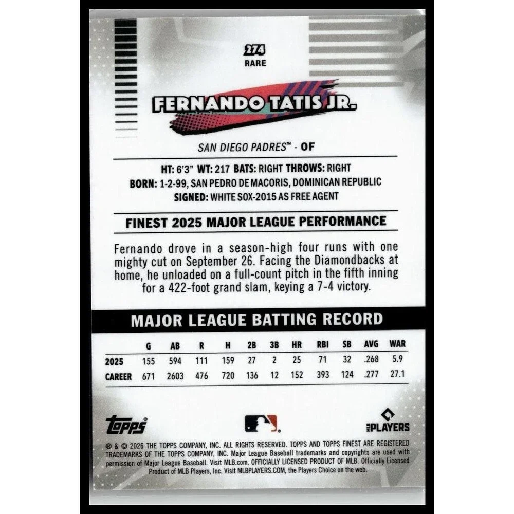 2026 Topps Finest Fernando Tatis Jr. #274 San Diego Padres RARE